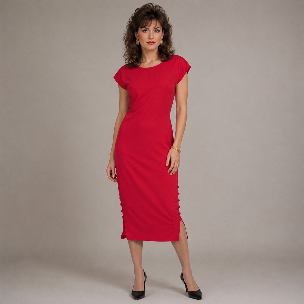 Vintage Switch‎ USA Red Rayon Sheath Dress Midi Short Sleeve Made in USA Size 9